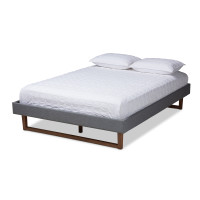 Baxton Studio MG97043-1-Dark Grey/Ash Walnut-Bed Frame-Full Liliya Mid-Century Modern Dark Grey Fabric Upholstered Walnut Brown Finished Wood Full Size Platform Bed Frame